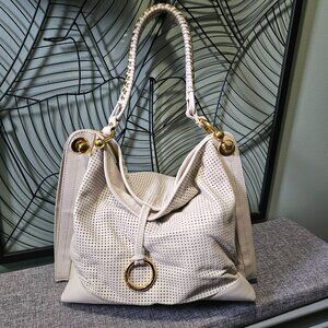 BCBGMaxAzria Cream Buttery Soft Perforated Leather Shoulder Bag, Gold Hardware